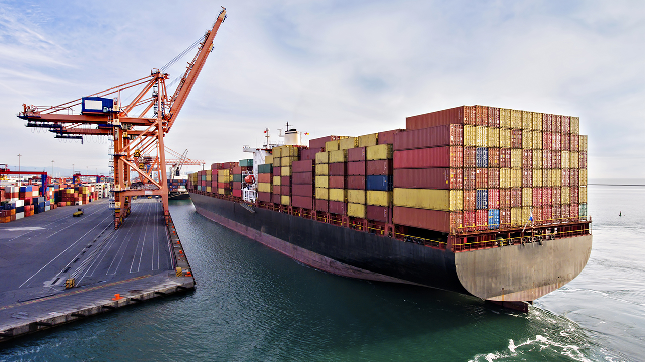 Aerial view of cargo ship in transit.