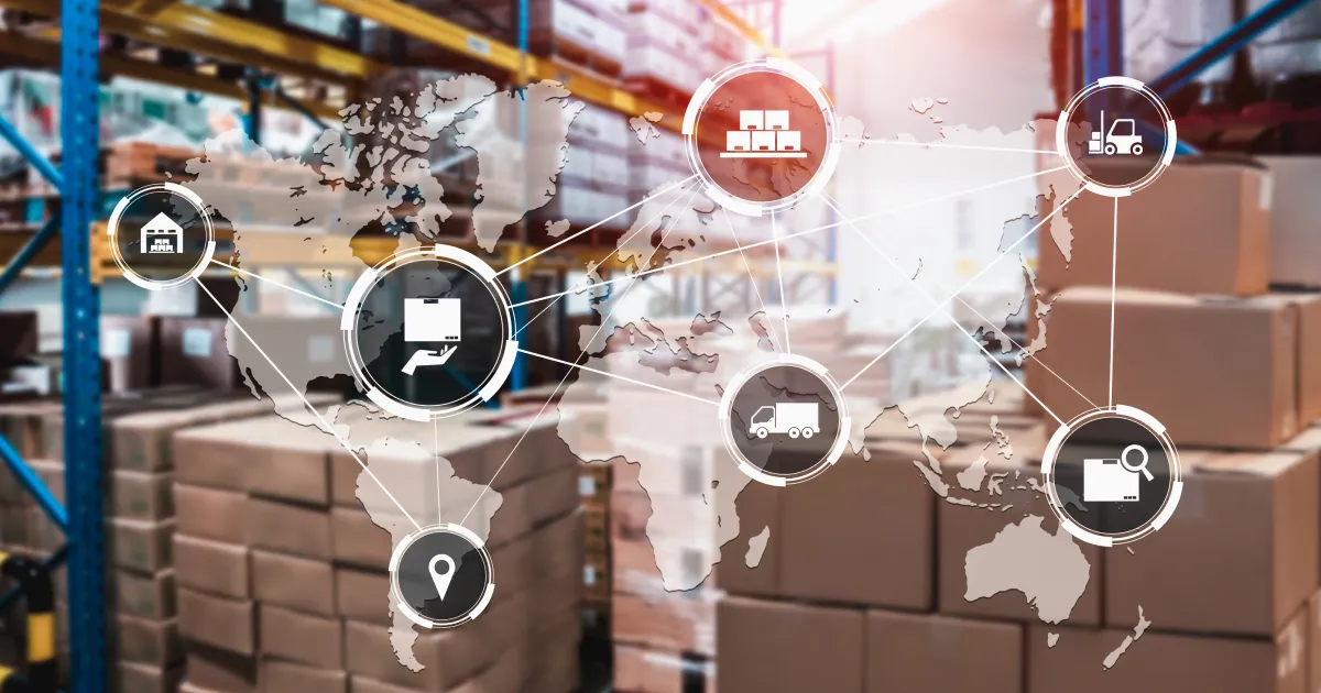 An image of a supply chain with a warehouse in the background