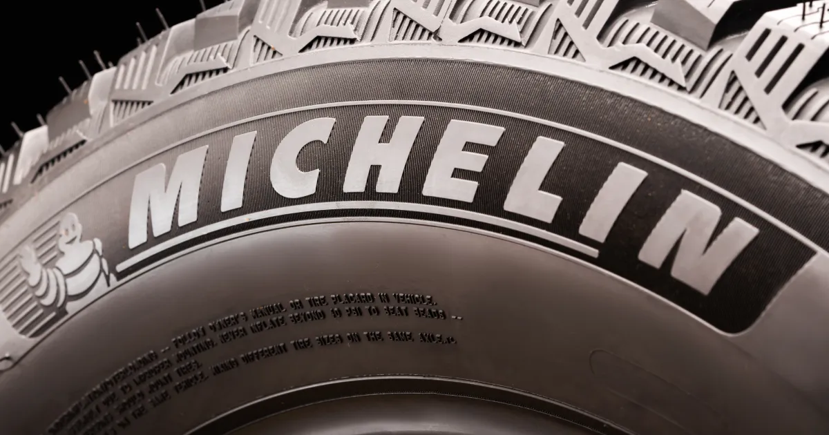 A close-up of a Micheline brand tire.