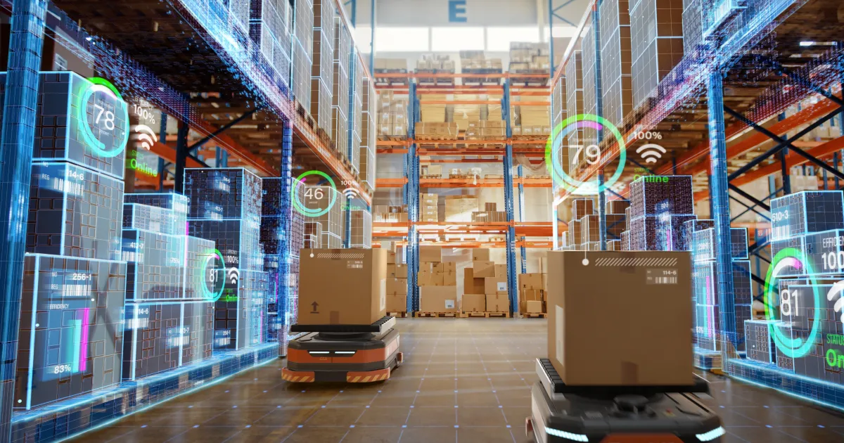 A warehouse showing digital numbers overlayed on boxes 