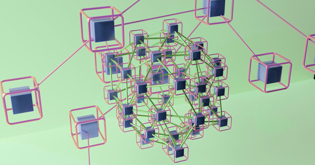 Abstract 3D visualization of a complex interconnected network representing autonomous supply chain mapping and multi-tier visibility.