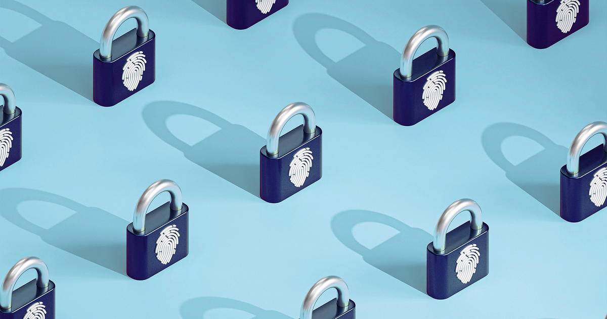 A digital visualization of supply chain cyber risk featuring interconnected locks and fingerprint icons.